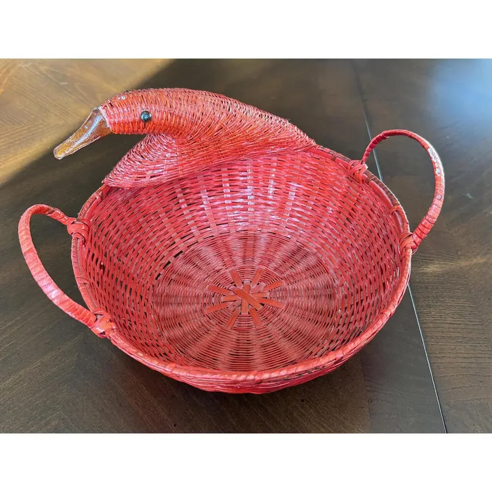 Vintage Red Wicker Duck Goose‎ Basket, Glass Eyes